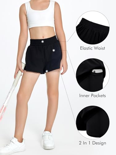 Girls High Waist Athletic Shorts 2-in-1 Running Shorts for 10-12 Years - Black