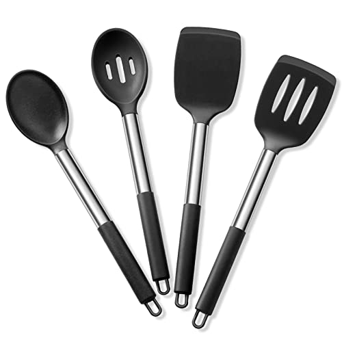 Black Silicone Cooking Utensil Set of 4 - Non-Stick Safe Kitchen Tools