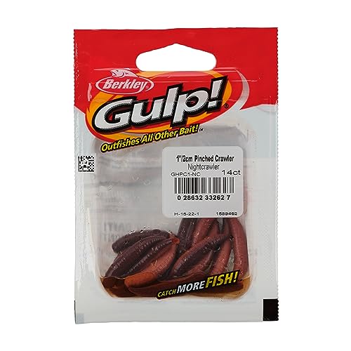 Berkley Gulp! Pinched Crawler Fishing Bait, Nightcrawler, 1in, Garlic Scent, Extreme Scent Dispersion, Realistic Nightcrawler Profile, Ideal for Panfish, Walleye and More