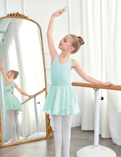 Girls Ballet Leotard with Skirt and Hollow Back Dance Dress - Aqua Green 6-7 Years