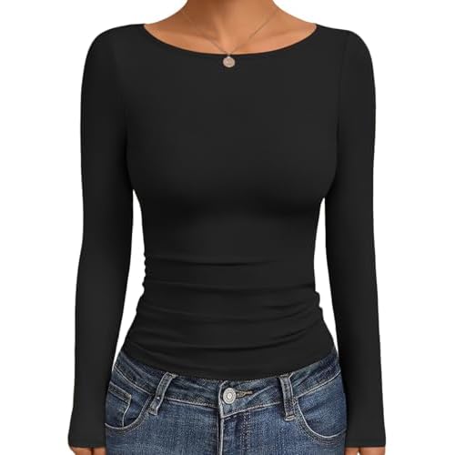 Ekouaer Long Sleeve Shirts Boat Neck Tops Casual Undershirts