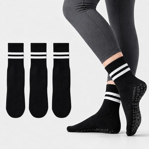 KONY Women's Cotton Pilates Grip Socks - Yoga & Barre Crew Socks, Black, 3 Pairs