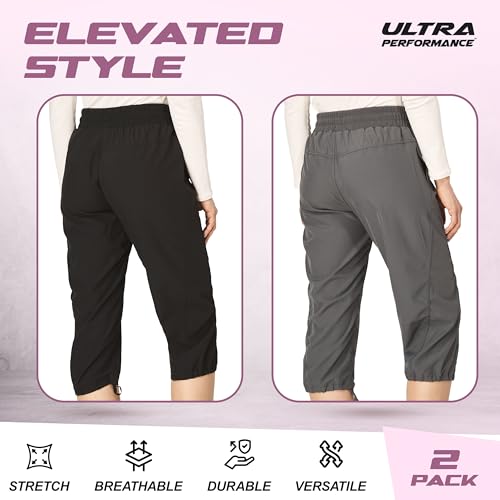 Ultra Performance Women's 2-Pack Capri Pants for Hiking & Casual - Large Black & Charcoal