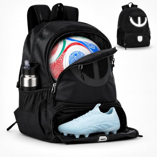 Large Black Sports Backpack with Ball & Shoe Compartments - Lightweight & Breathable