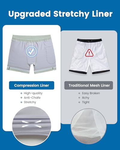 Men's Swim Trunks with Compression Liner 5 Inch Quick Dry Beach Shorts - Large Green & Gray