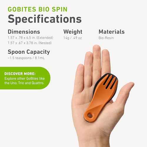 humangear GoBites Bio Spin - Compact Folding Spork for Travel, Camping & Everyday Carry - BPA-Free Bio-Based Utensil with Carabiner Hole, Dark Gray/Orange