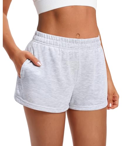 Women's Grey Medium High Waist Cotton Sweat Shorts with Pockets - Casual Summer Lounge Wear