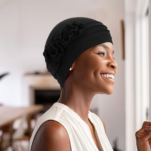 Chemo Headwear for Women - 4-Pack Elastic Turban Caps with Flower Design