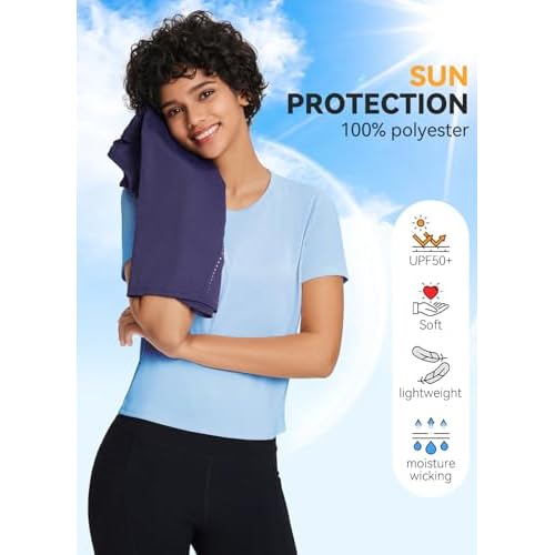 baleaf Women's Workout Tops Athletic Shirts Cropped Short Sleeve Split Back Running Gym Quick Dry Sun Protection UPF 50+