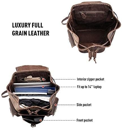 Vintage Full Grain Leather Rucksack Backpack for Men & Women - Casual Travel Satchel, Dark Brown