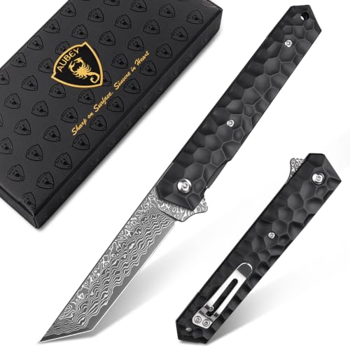 AUBEY Damascus Pocket Knife with Aluminum Alloy Handle C-Handle DMWS1