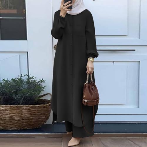 XX-Large Women's Muslim Abaya 2-Piece Set Long Sleeve Shirt & Pants Black Dubai Outfit