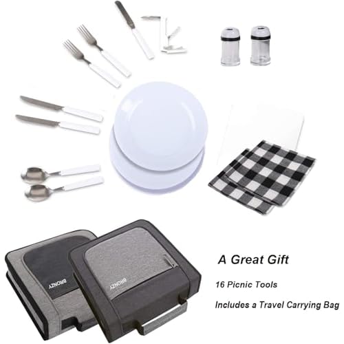 BRONZY Picnic Set Camping Cutlery Organizer Dinnerware Set - Mess Kit,Portable Eating Set with Plates,Spoons,Knives,Wine Opener,Forks,Napkinsc (16pcs/24pcs)