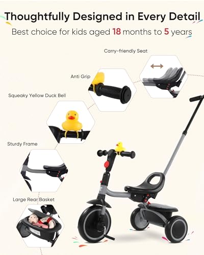 RIDYEE Foldable Toddler Tricycle with Push Handle - Grey
