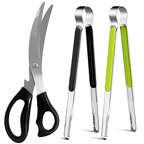 Kitchen Scissors and Tongs Set - Stainless Steel Meat and Vegetables Cutting, Non-slip Serrated Blade, 1 Shear + 2 Tongs