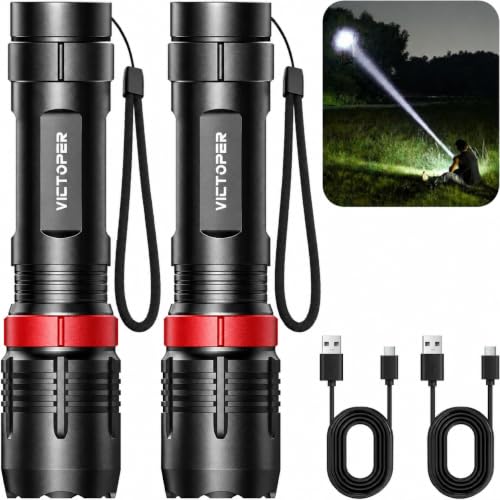 Victoper A1200T Rechargeable LED Flashlight 2 Pack, Waterproof, 5 Modes, Compact Tactical Light for Camping, Hiking, Gifts