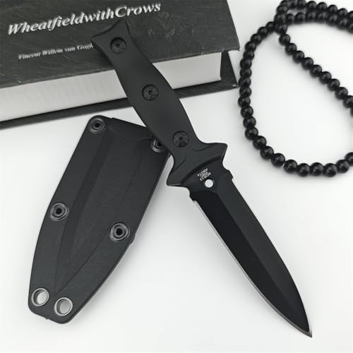 7.3 Inch Fixed Blade Knife with Dual Edge 440C Steel & Black Coating for Outdoor Survival