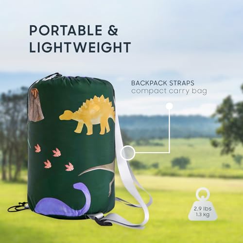 Kids Dinosaur Sleeping Bag for Camping - Dark Green, 61x26 inches