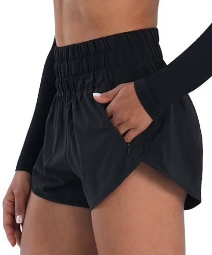 Sunzel Women's High Waist Running Shorts with Liner & Zipper Pocket - Medium Black
