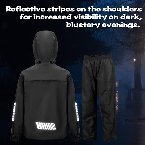 Kids Rain Jacket and Pants Set - Boys Girls Youth Rain Gear, 10-12 Years, Black
