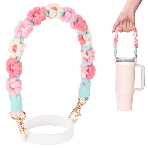Flower Multicolor Water Bottle Strap for Stanley & Owala Cups, Hand-Woven Boho Cotton Sling