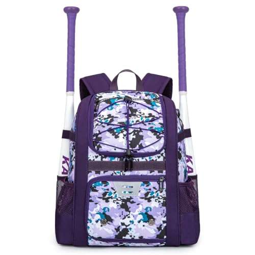 KAVIGOR Youth Baseball Bag Purple Camo T-Ball Backpack with Shoes Compartment