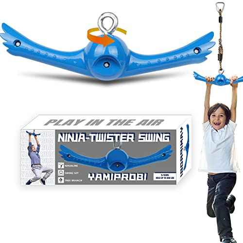 Ninja-Twister Swing Spins Set: Slackline Attachments - 360¡Æ Handle Twist-Spin Flips Toy Activate Ninja Powers Warrior Accessories Kids Hang Toys for Playground Backyard Blue