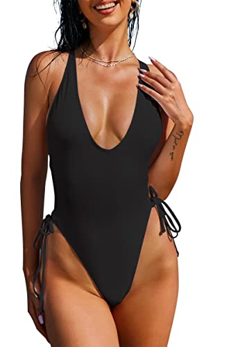 Women's Plunge One-Piece Swimsuit High Cut Thong Bathing Suit Medium Black