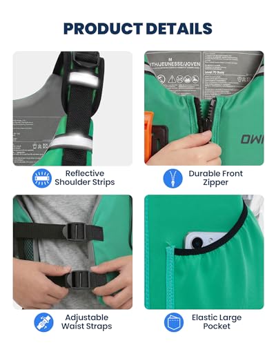 Green Youth Swim Vest for Kids - Adjustable Neoprene Water Safety Gear for 50-90 lbs