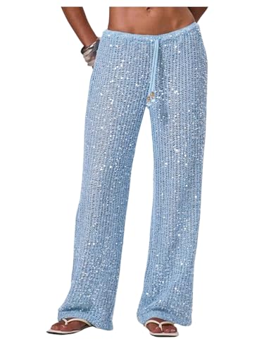 Women's Sequin Crochet Cover Up Pants Large Light Blue Beach Swimwear