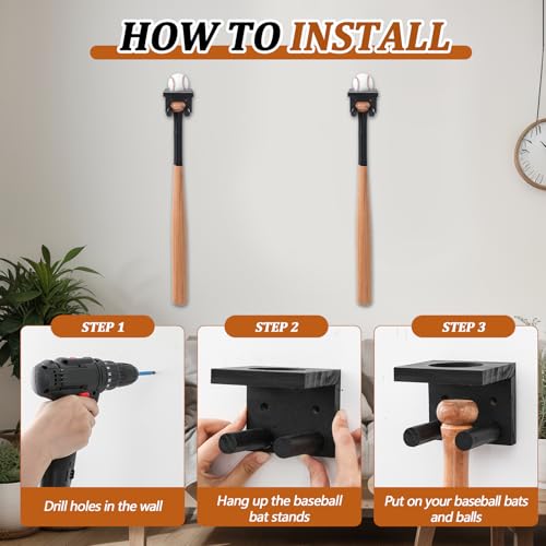 Wall Mount Baseball Bat and Ball Holder - Holds 1 Set - Black