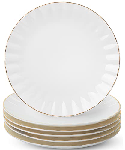 8 Inch White Dessert Plates Set of 6 with Gold Trim - Porcelain Small Appetizer Plates