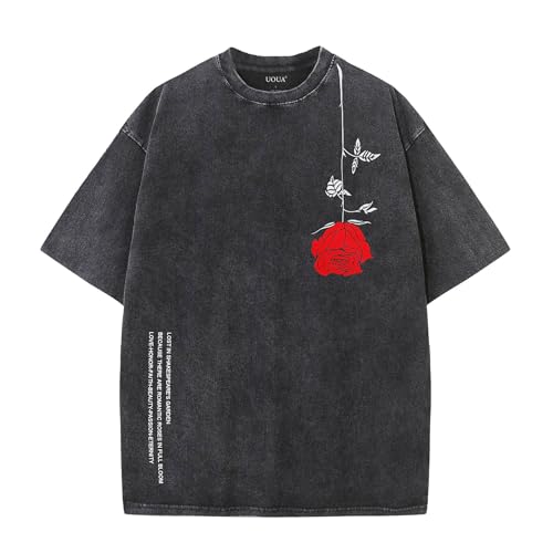Men's Oversized Graphic T-Shirt - Washed Short Sleeve Tee Large Rose-Black