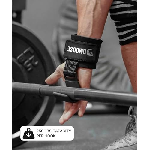 DMoose Fitness Weight Lifting Hooks (Pair) for Deadlifts, Pull Ups, Rows & Shrugs - Anti-Rip Nylon Strap Hand Grips with Thick Wrist Padding - Heavy Duty Wrist Straps for Weightlifting & Gym Workouts