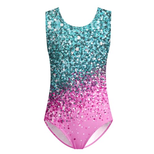 Girls Gymnastics Leotard with Sparkly Shorts and Hollow Back – 4-5T Green Pink