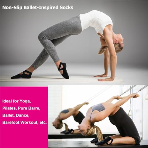 Ozaiic Non Slip Pilates Socks for Women 2 Pairs - Black, One Size