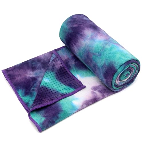 Eunzel Hot Yoga Towel - Microfiber Non-Slip Grip Dot Sweat Absorbent Mat Towel, 72x24 Inches, Green & Purple