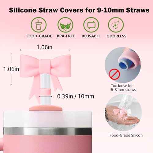 Pink Bow for Stanley Straw Topper- 3pcs Cute Cup Bow Straw Cover Silicone Cap 10mm with 2pcs Initial Letter Charms Name Id Personalized Accessories 40/30 Oz Tumbler Water Bottle Cups J