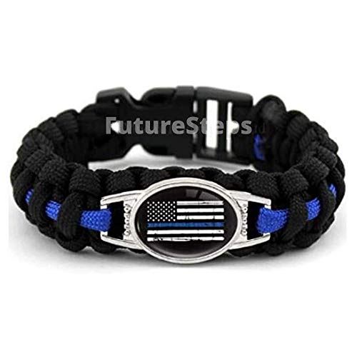 Large 9 Inch Thin Blue Line Police Support Paracord Bracelet - Black & Blue, Survival Wear