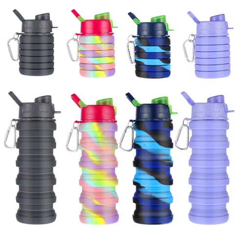 Foldable 16 oz Silicone Water Bottles Set with Metal Clip – Reusable Travel Hydration Cups