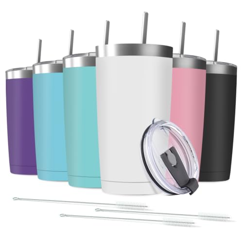 Assorted Colors 6 Pack 20 oz Insulated Stainless Steel Travel Tumblers with Straws & Lids