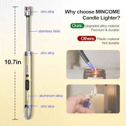 Electric Candle Lighter, USB-C Rechageable Arc Lighters for Camping, Long Lighter with 360¡Æ Neck & Safety Switch, Windproof & Flameless lighters for BBQ & Candle Lovers (Champagne Gold)