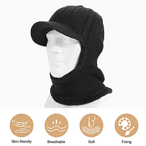 TAGVO Winter Knitted Balaclava Beanie Hat - Warm Cycling Ski Mask, Women Windproof Hood, Heavyweight Thermal Fleece - Medium / Black