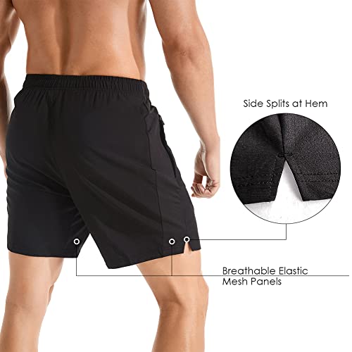 Men's 7 Inch Lightweight Quick Dry Athletic Running Shorts with Zipper Pockets - Medium Black