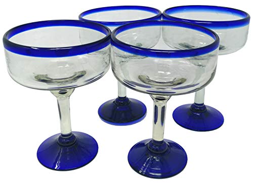 Mexican Hand Blown Margarita Glasses Set of 4 - 16 oz Traditional Blue Rim