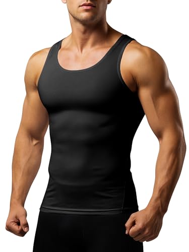 Men's Compression Tank Top 3/5 Pack - Sleeveless Cool Dry Base Layer for Gym - Large, Black
