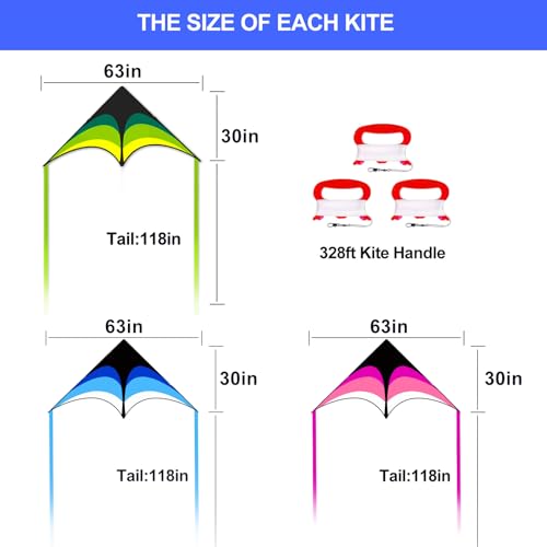 Large Single Line Beach Kite for Adults and Kids - Green, Blue & Pink 3 Pack