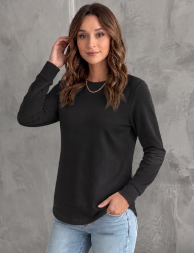 AURUZA Women's Long Sleeve Crewneck Sweatshirt Black Large Fall Casual Loose Fit Pullover