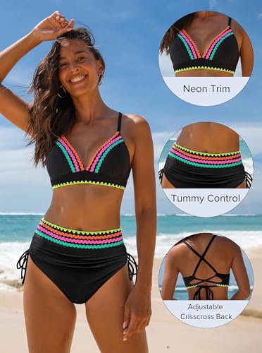 Women's High Waisted Bikini Set - Neon Tummy Control Swimsuit Medium Black2