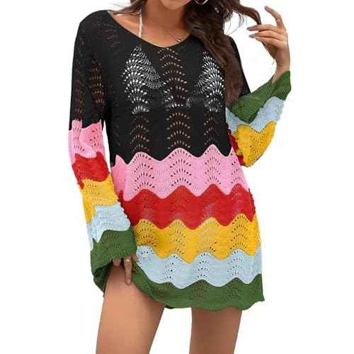 BB&KK Womens Crochet Swimsuit Cover Up Long Sleeve Summer Bathing Suit Color Block Bikini Mesh Knit Swimwear Beach Dress 2025